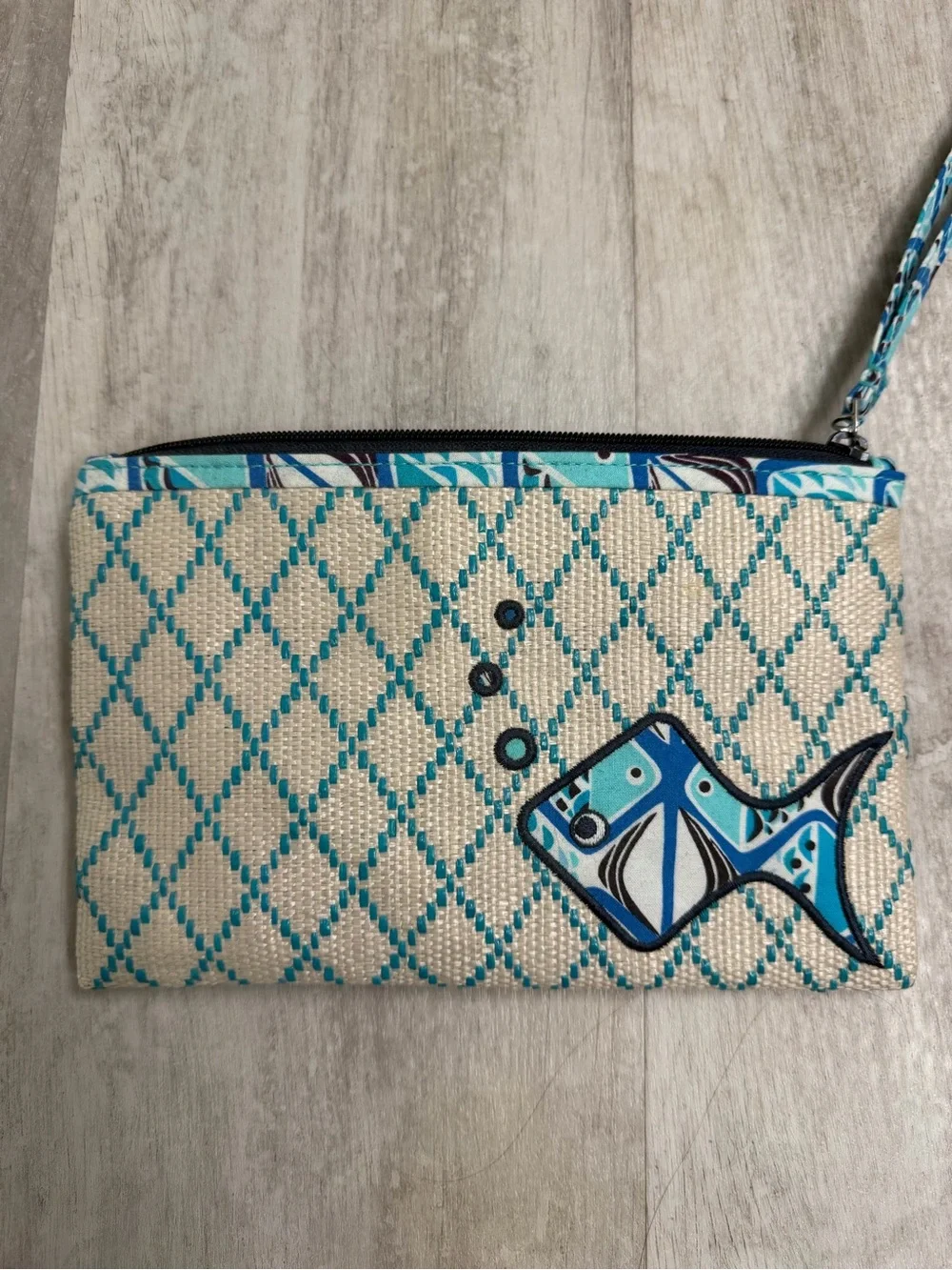 Vera Bradley Blue Fish Pattern Woven Wristlet Clutch